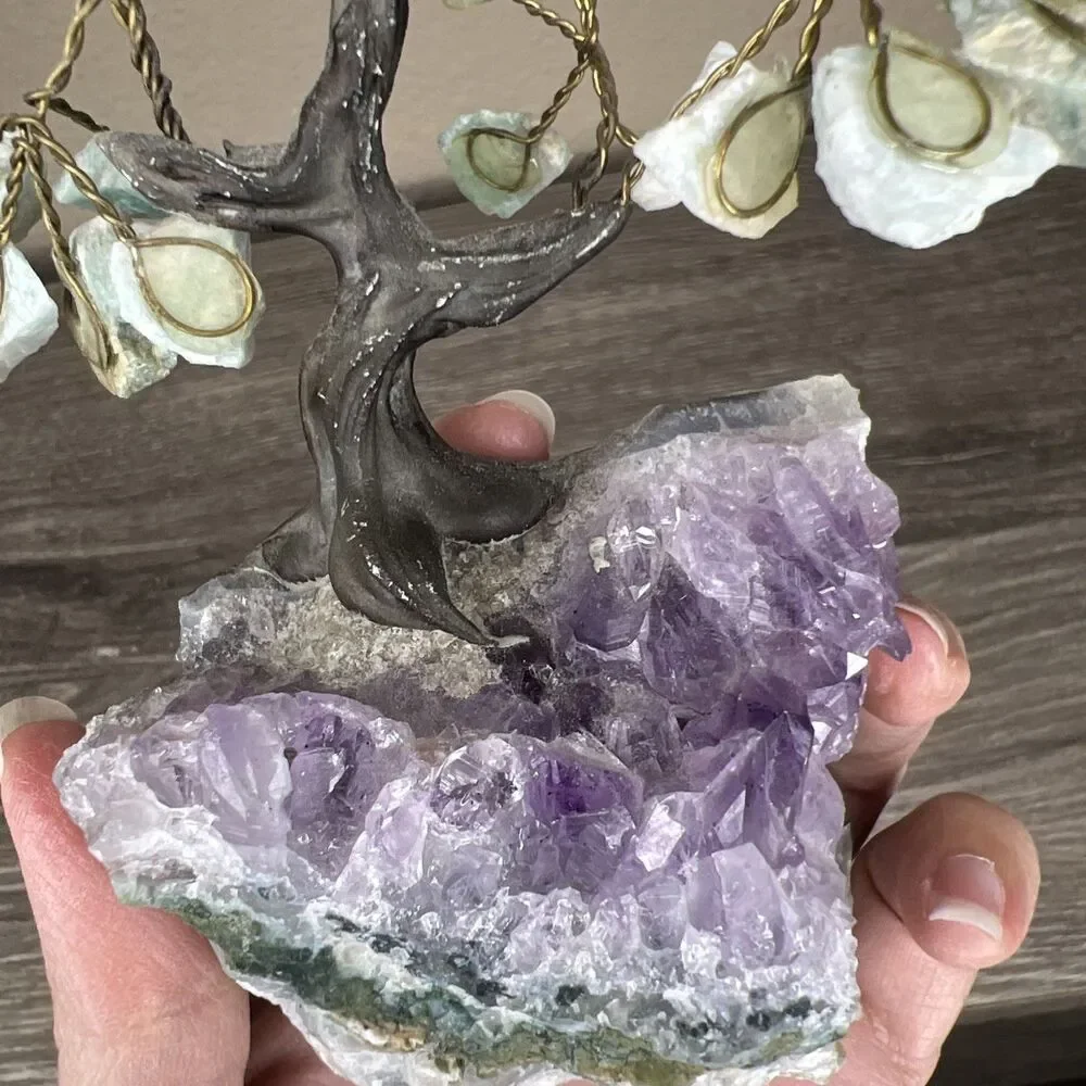 Rock Tree Amethyst Geode Amazonite Leaves 5” Crystal Rock Wire Art